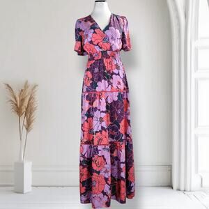 Pink Lily Backless Floral Maxi Dress L Poppy Print Tie Neck Boho